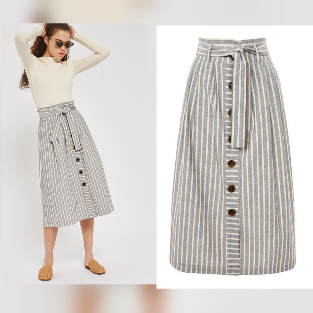TOPSHOP Skirt Women 2 Gray Chambray Striped Midi Paperbag Pockets French Coastal